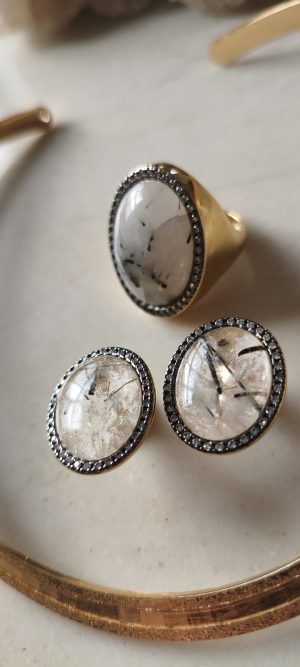 Conjunto Anel e Brinco na pedra grafite