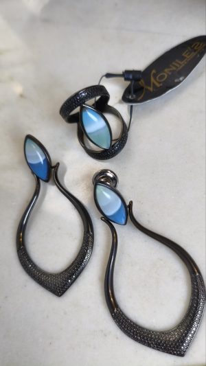 Conjunto  Azul Agata listrado com metalização negra